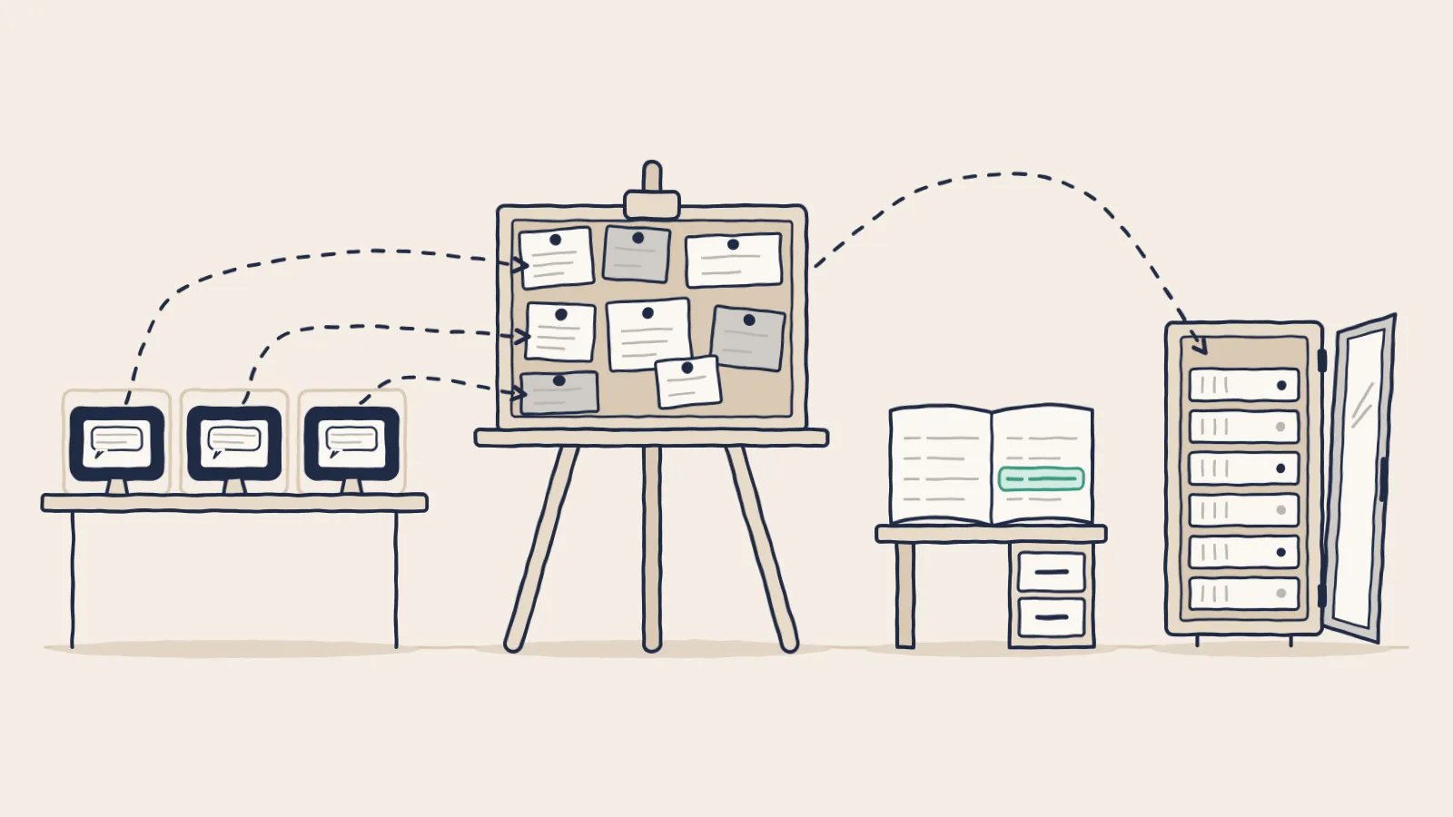 Line drawing of three agent screens pinning notes to a board, a server rack left open, and a log with one marked line