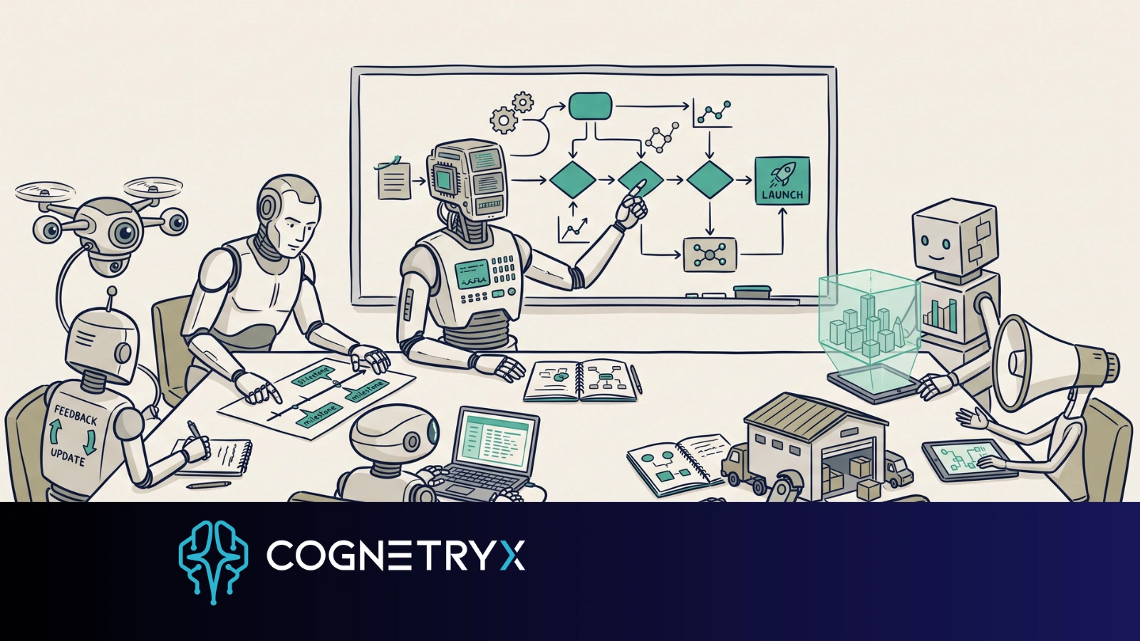 Hand-drawn illustration of robots holding a planning meeting, one at a whiteboard walking the others through a flowchart that ends at launch