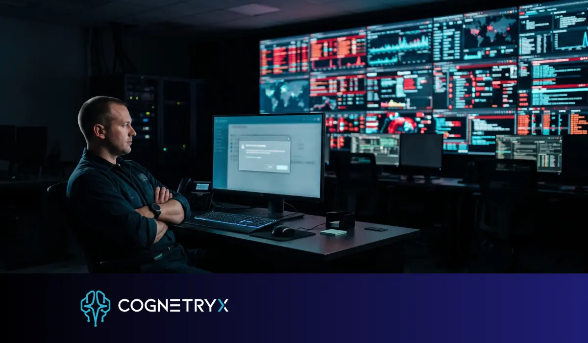 A security analyst waiting at a blocked dialog while automated activity runs unchecked on the wall display behind