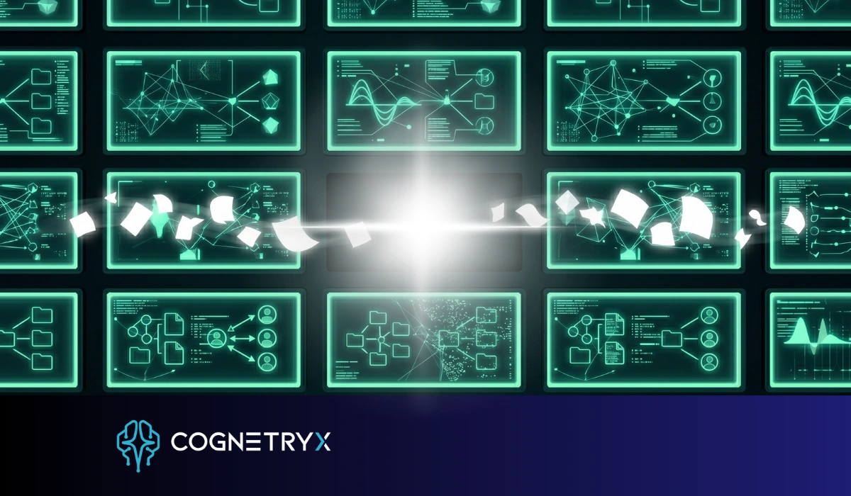 A security monitoring wall watching files and networks while AI prompt activity passes by unseen in a dark gap