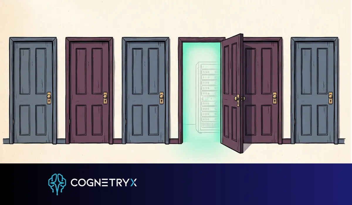 A row of locked doors with one standing open, representing an AI system deployed without access controls
