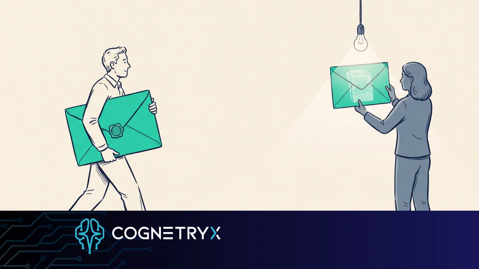 A person carrying a sealed opaque envelope while another figure reads its contents by holding it up to the light
