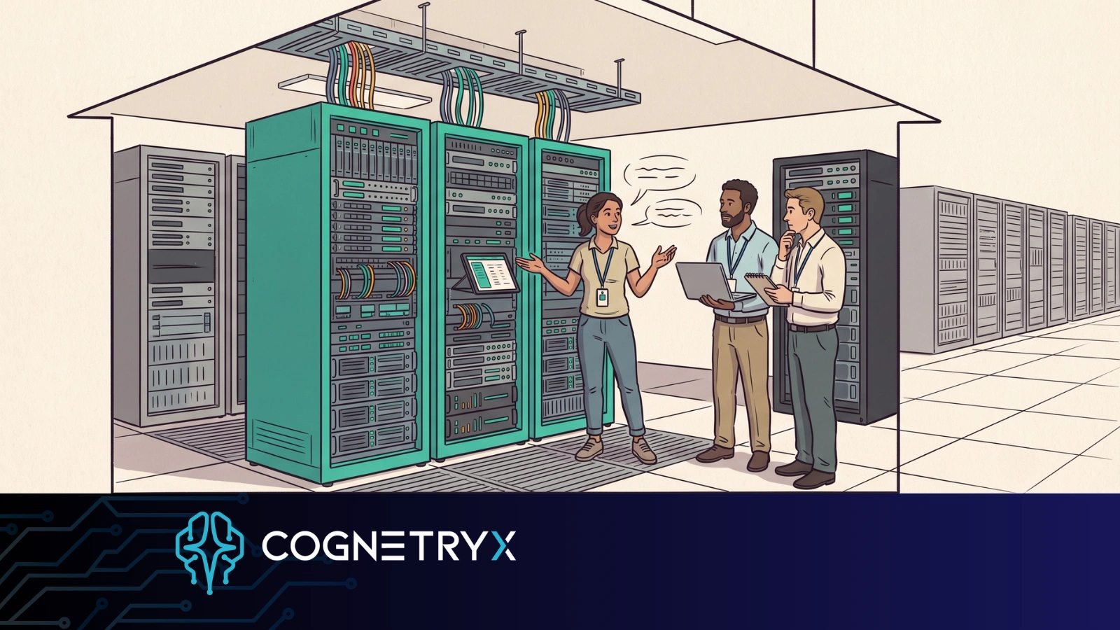 IT and compliance staff reviewing an AI deployment beside server racks inside their own facility