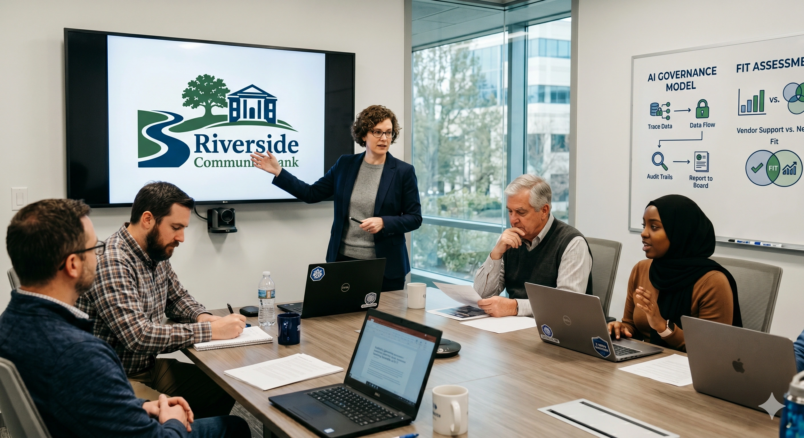 A community bank team evaluating cybersecurity assessment software against its framework and controls