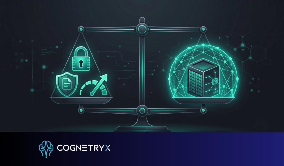 A balance scale weighing security, privacy, and cost against a secure private AI server inside a network boundary