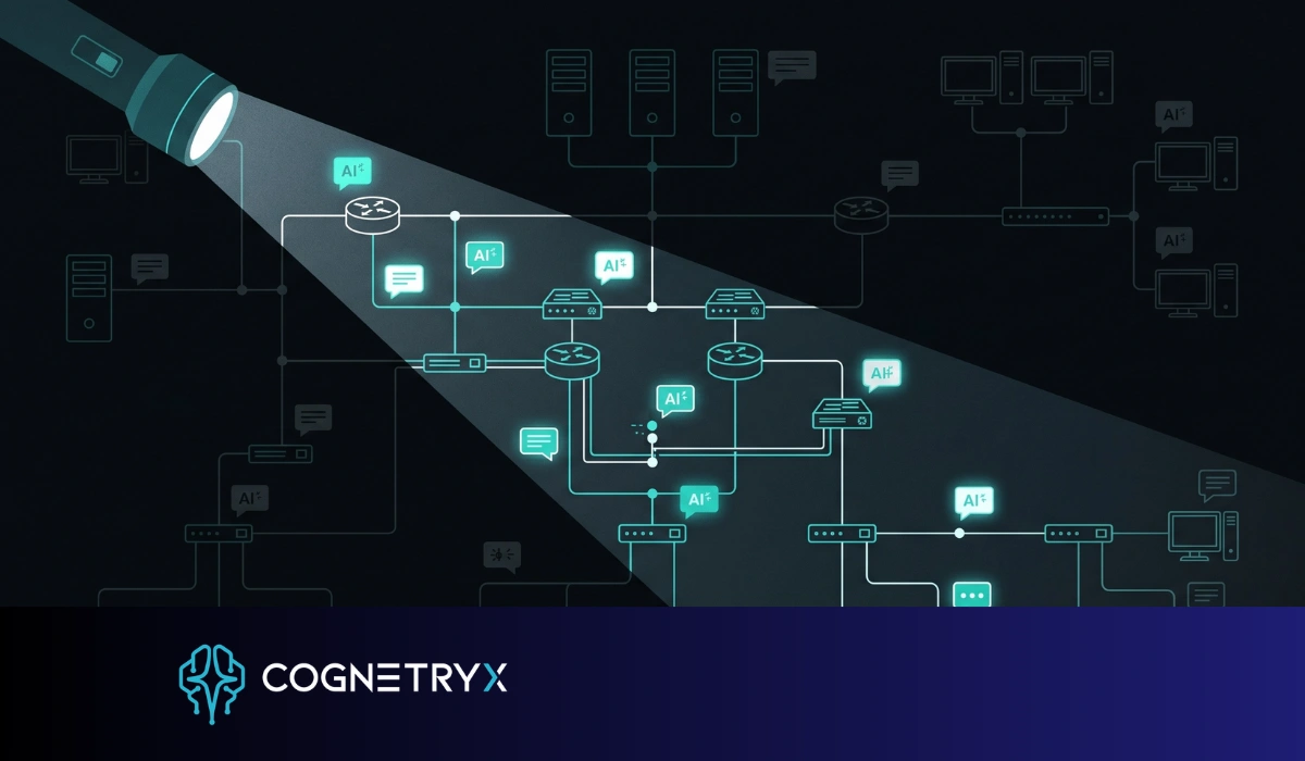 A flashlight beam revealing hidden AI chat windows across a dark office network diagram