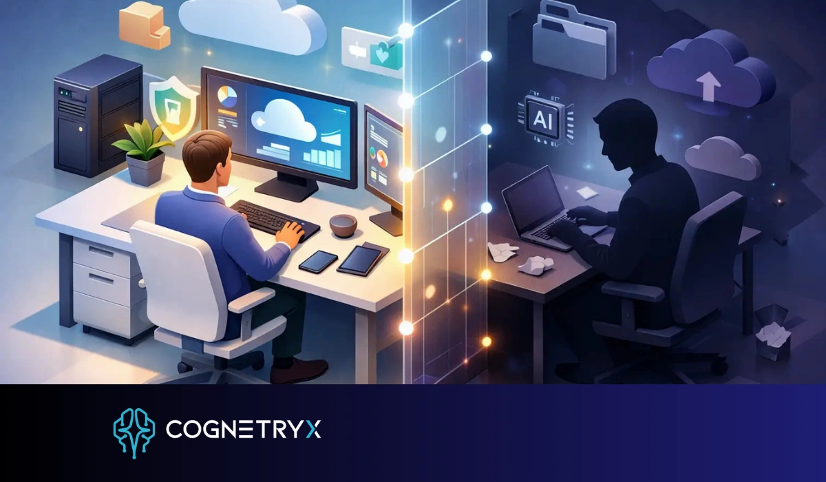 An approved, governed workstation on one side and a shadow worker using an unapproved AI tool on the other