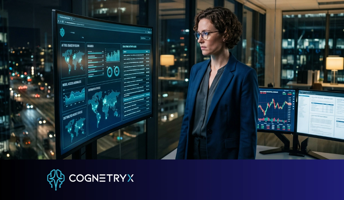 A compliance officer reviewing a dashboard that surfaces unsanctioned AI activity across an investment advisory network
