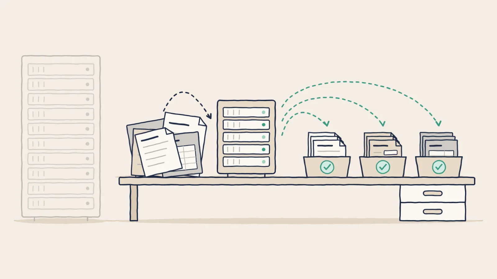 Line drawing of a small server sorting a mixed pile of papers into three checked trays while a big rack stays idle