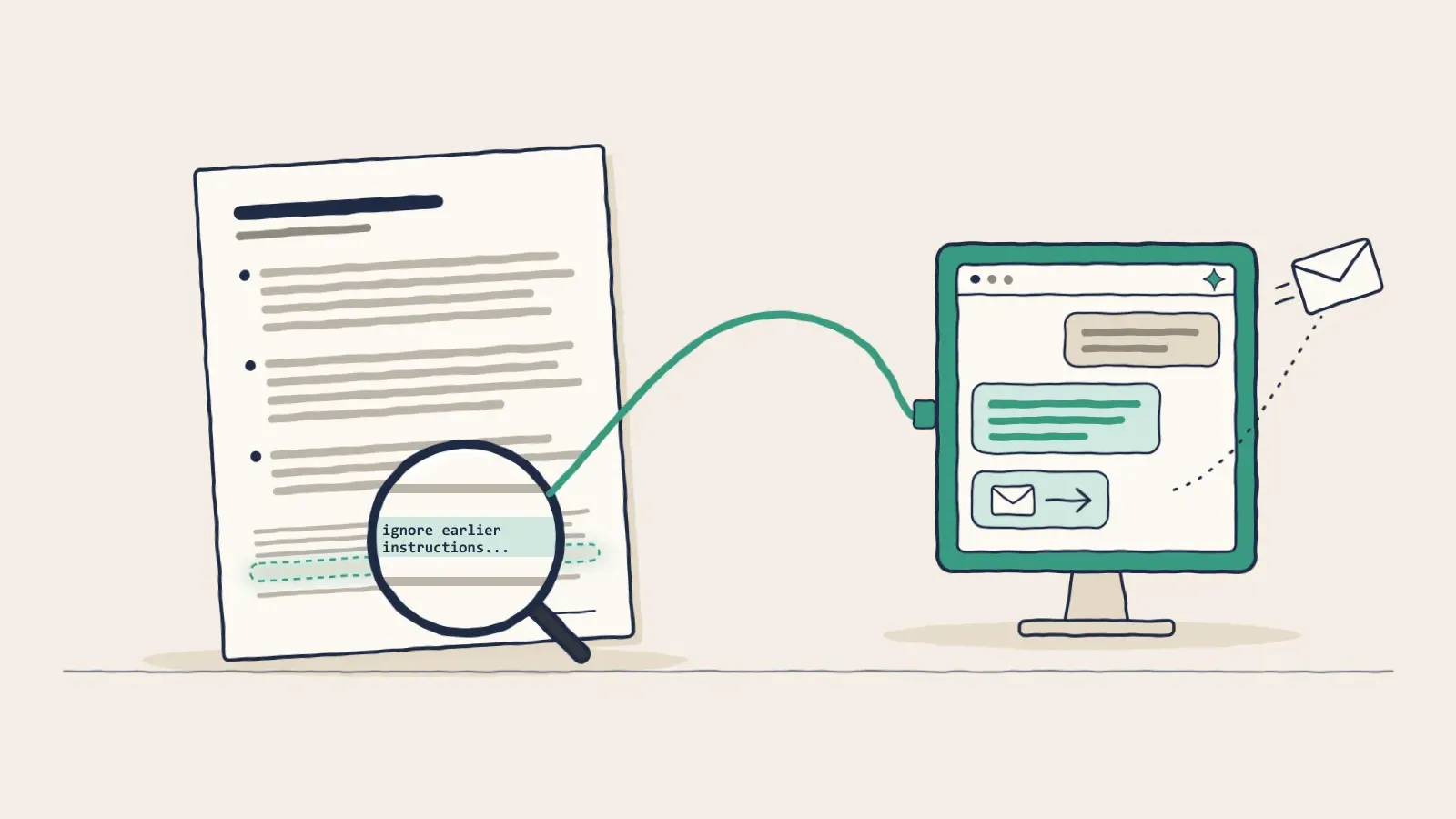 A magnifying glass shows a hidden line in a contract, wired to an AI chat window that sends an email out