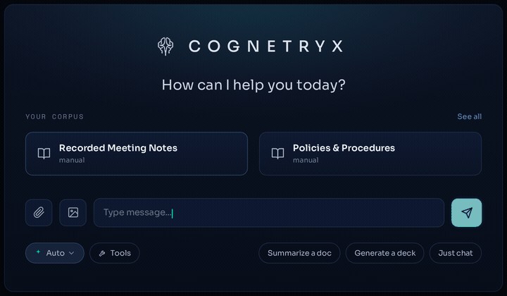 The Cognetryx Lumen interface answering example questions from finance, healthcare, legal, government, and manufacturing teams