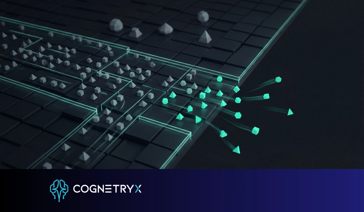 A grid of small autonomous AI agent markers, most inside teal guardrail boundaries and a few slipping past them