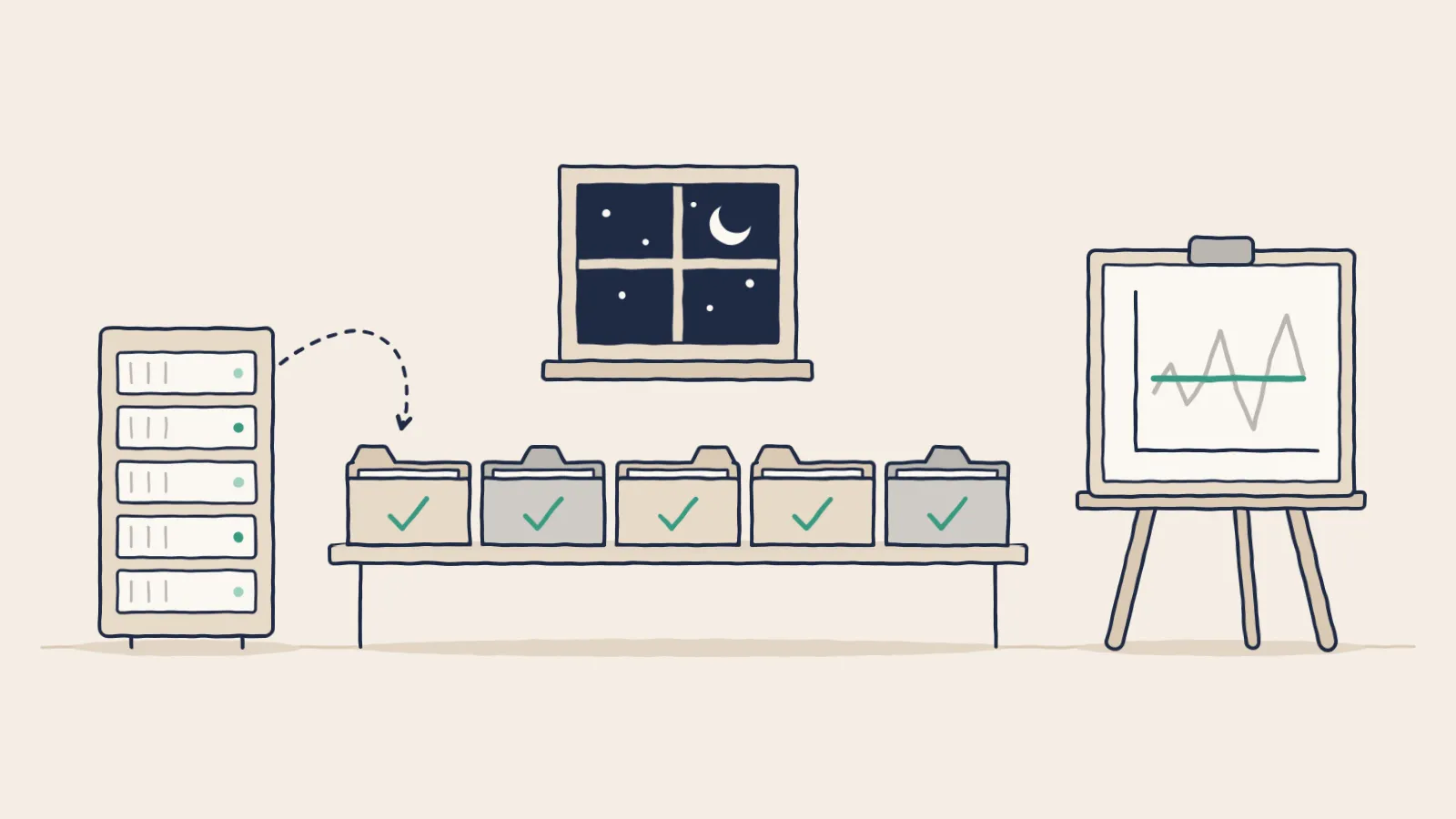Line drawing of a server, a row of checked loan folders under a night window, and a chart with a flat teal line