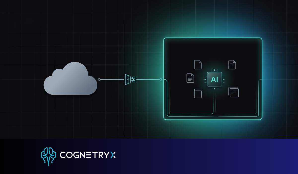 A private network boundary holding an AI core and audit trail, with a public cloud outside it