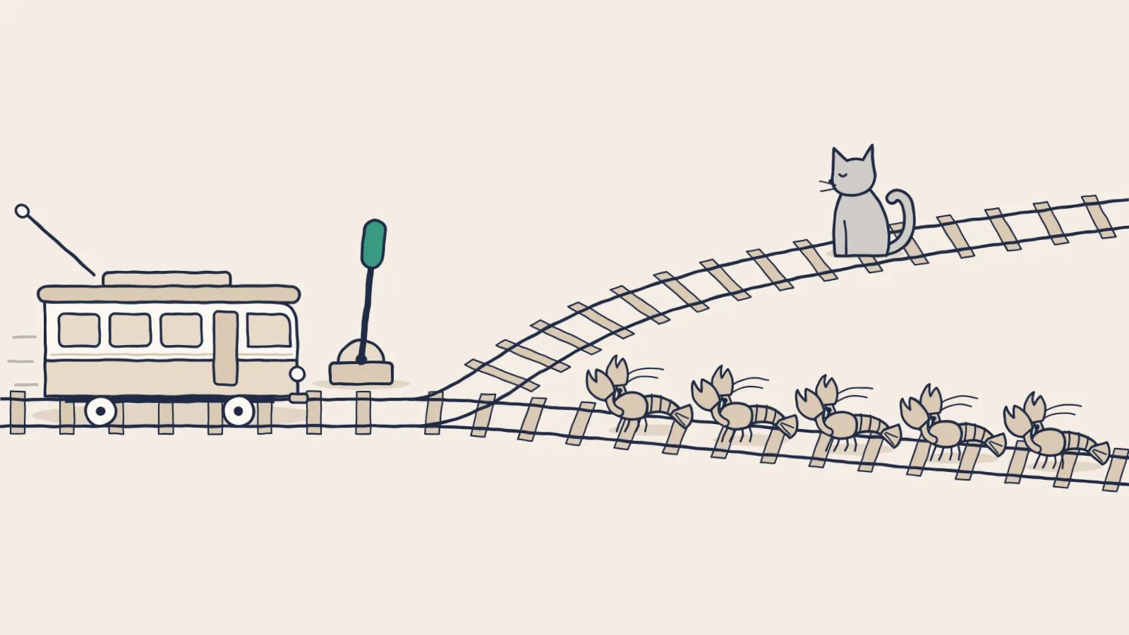 Line drawing of a trolley at a track switch, with five lobsters on one branch and a cat on the other