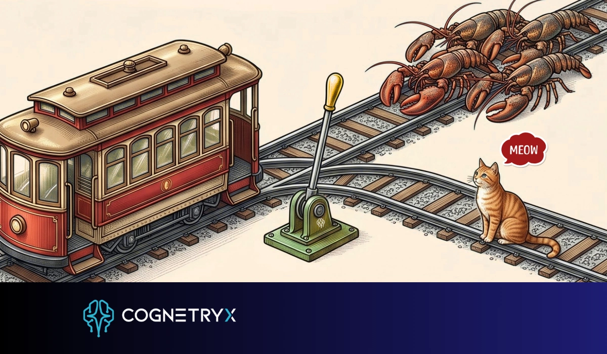 A trolley approaching a track switch with five lobsters on one branch and a cat on the other