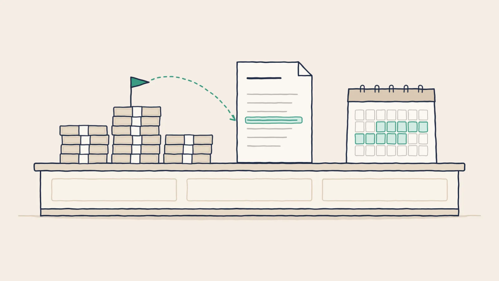 Line drawing of flagged cash bundles linked to a highlighted policy line, beside a calendar with a shaded filing window