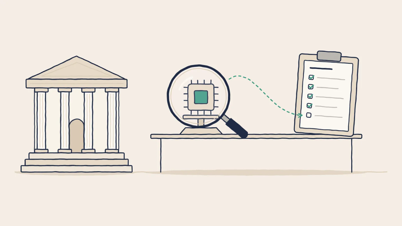 Line drawing of a small bank beside an AI chip under a magnifying glass, linked to an examiner's checklist