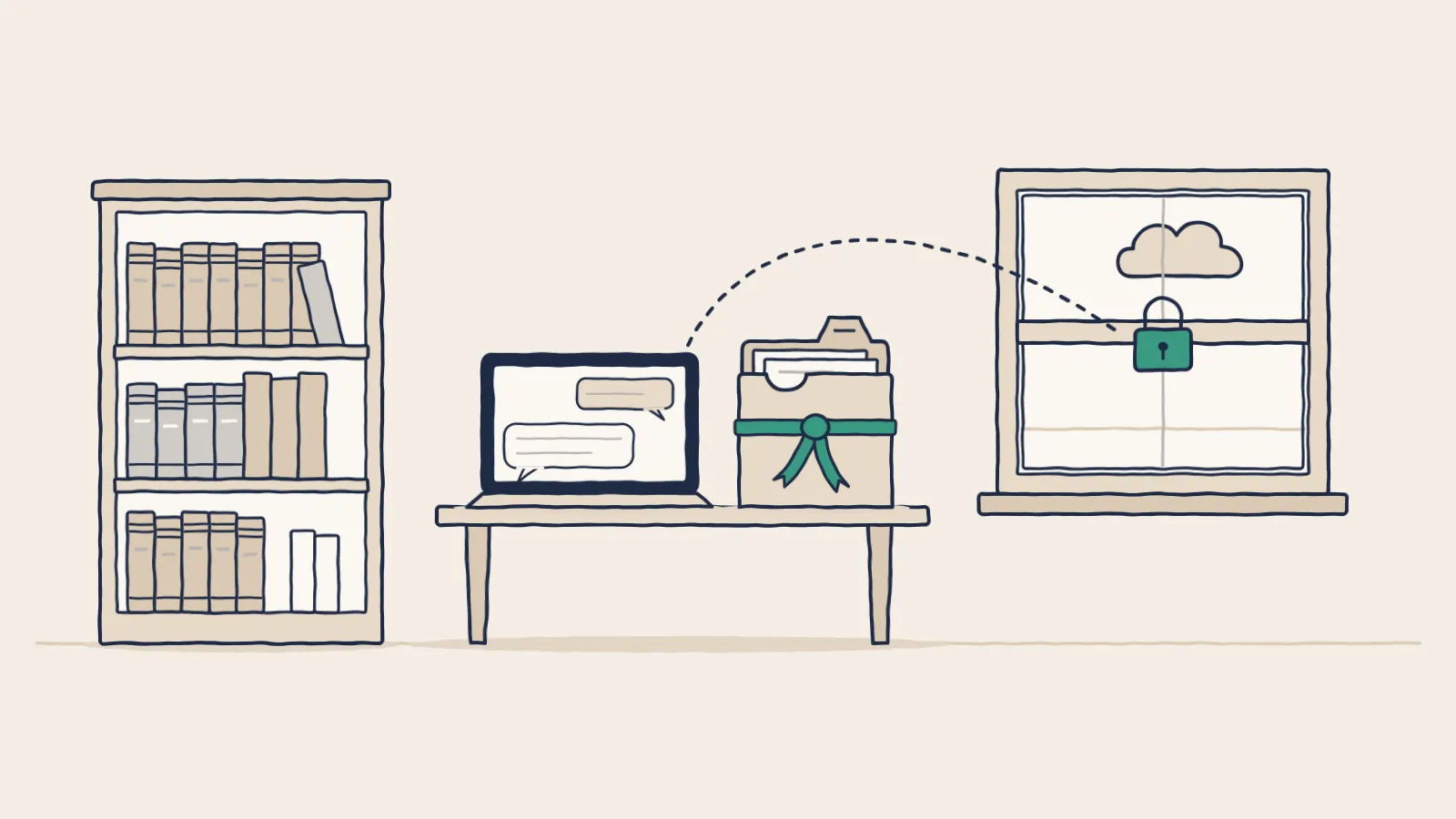 Line drawing of a law office: a client file tied shut, and a laptop's path to the cloud stopping at a locked window