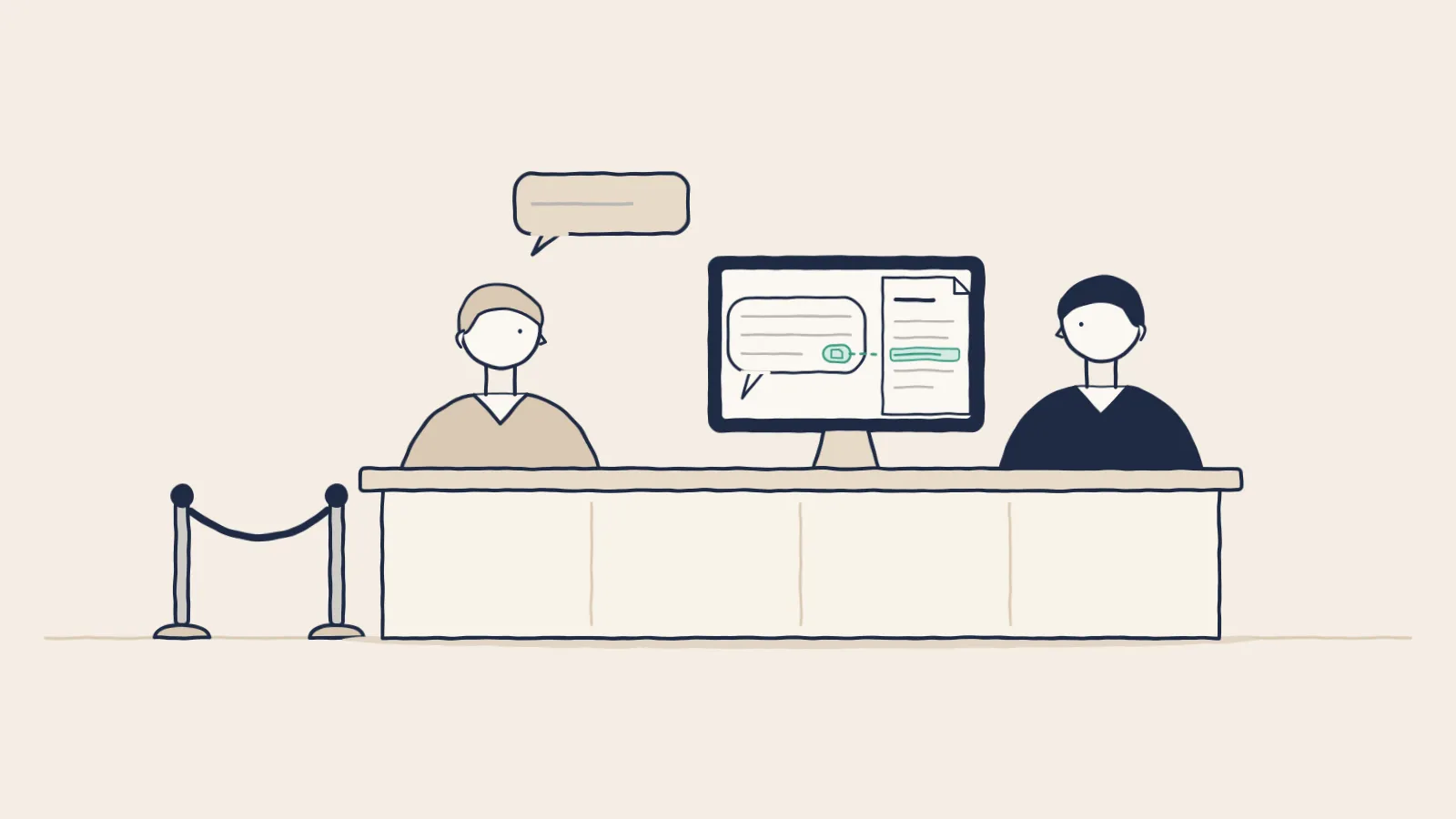 Line drawing of a member asking a question at a branch counter while the rep's screen shows an answer beside its source
