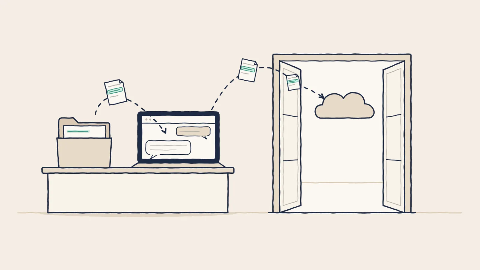 Line drawing of pages moving from a desk folder into a chat tool on a laptop, then out an open door to a cloud