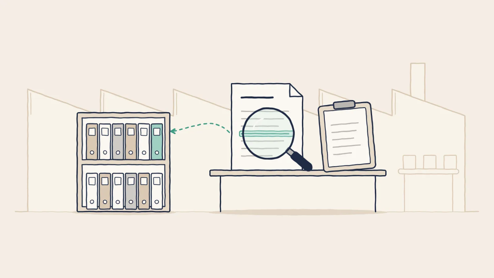 Line drawing of a magnifying glass over a batch record line, traced to a binder on a records shelf, a factory behind