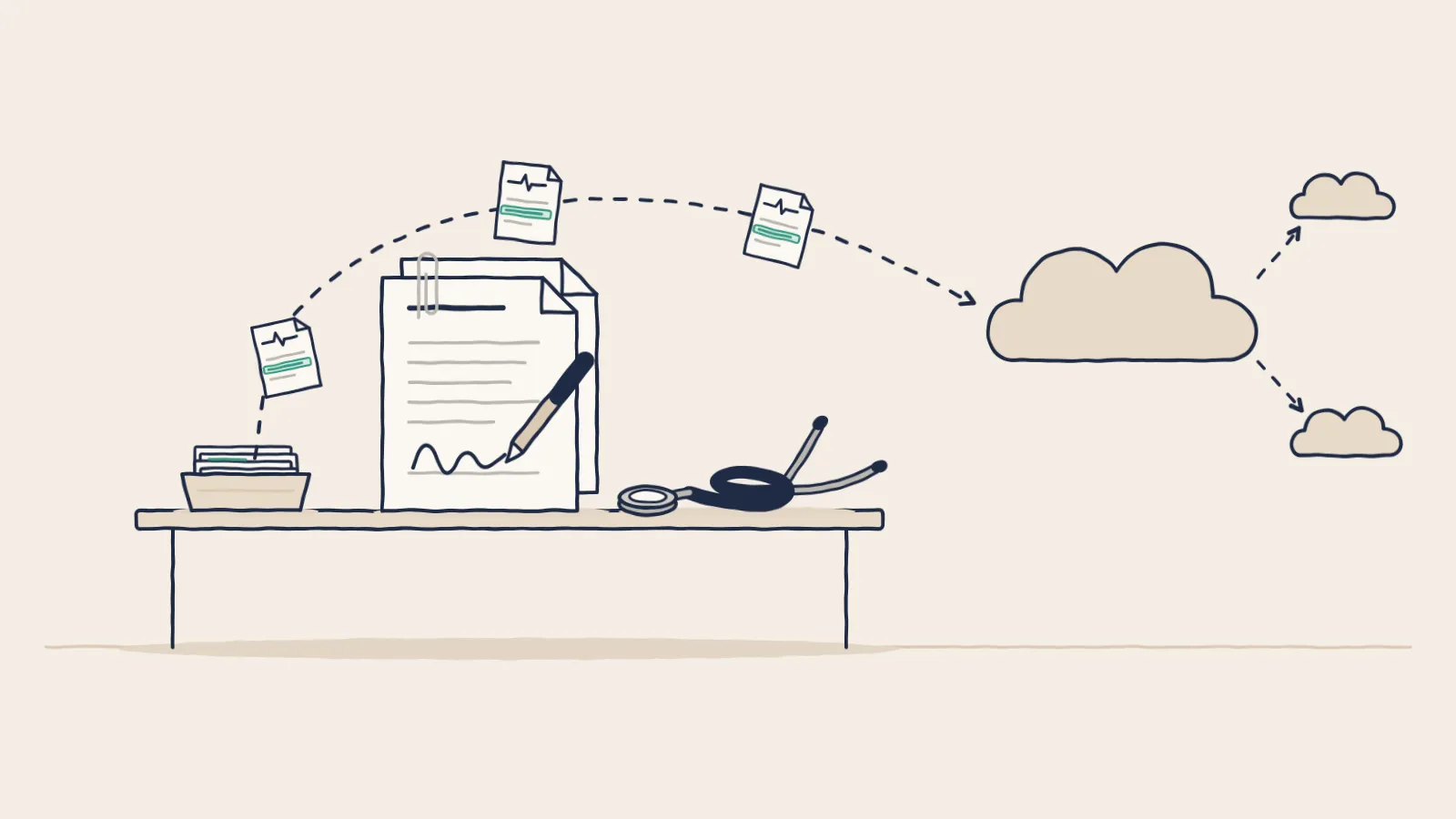 Line drawing of patient records flying over a signed agreement on a desk into a vendor's cloud and on to two more