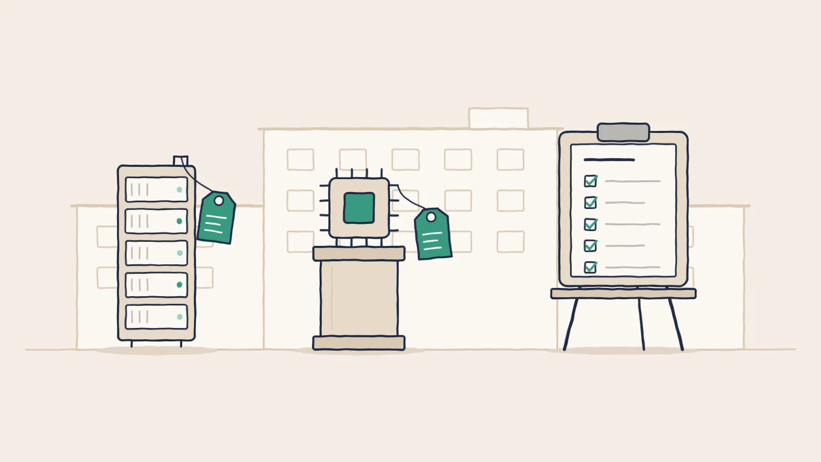 Line drawing of a server rack and an AI chip each wearing a teal asset tag, beside a safeguards checklist on an easel