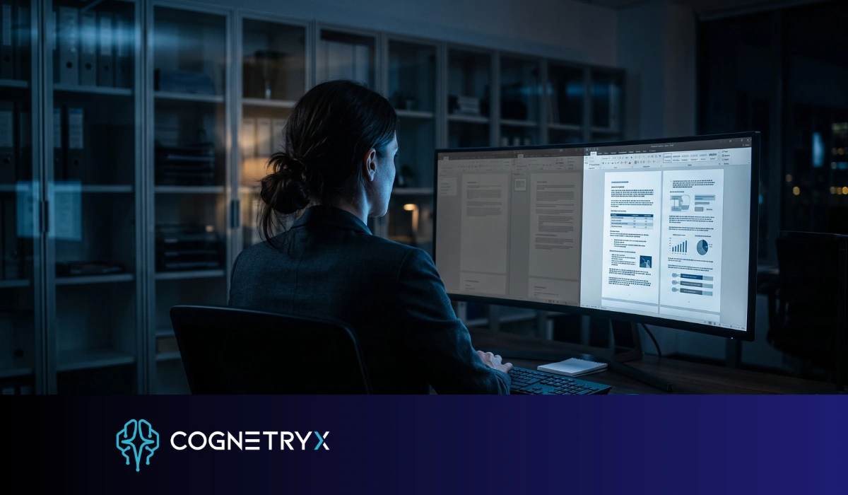 An employee reviewing documents on screen while other files in the same system remain locked and inaccessible