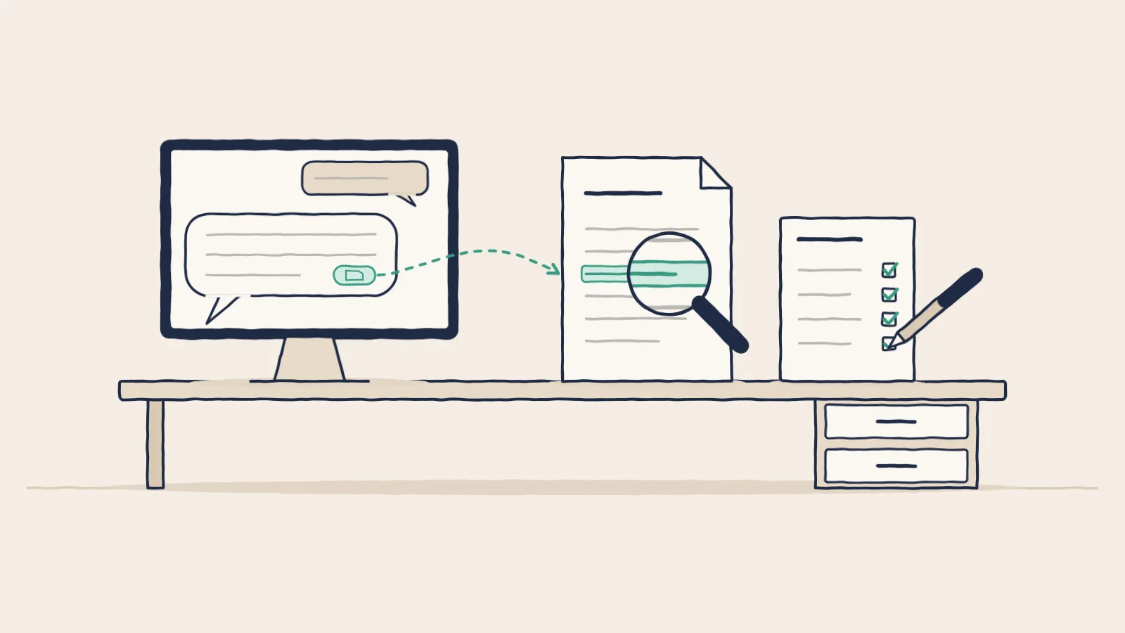 Line drawing of an answer's citation on a monitor linked to a highlighted line under a magnifying glass, and a review sheet