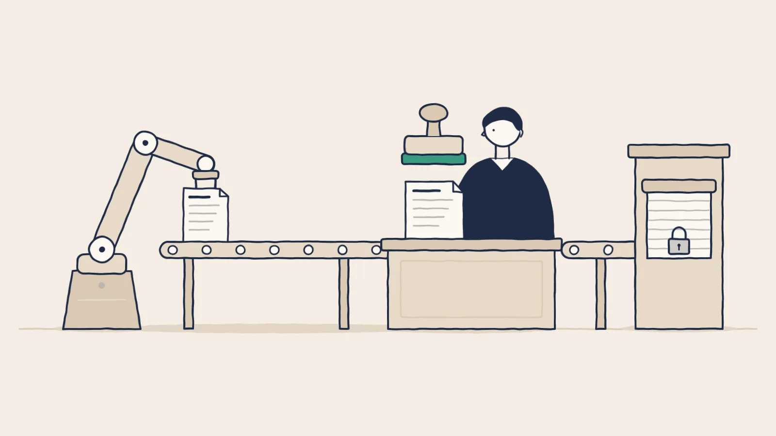 Line drawing of a robot arm sending a document to a person with an approval stamp, before a locked outbox