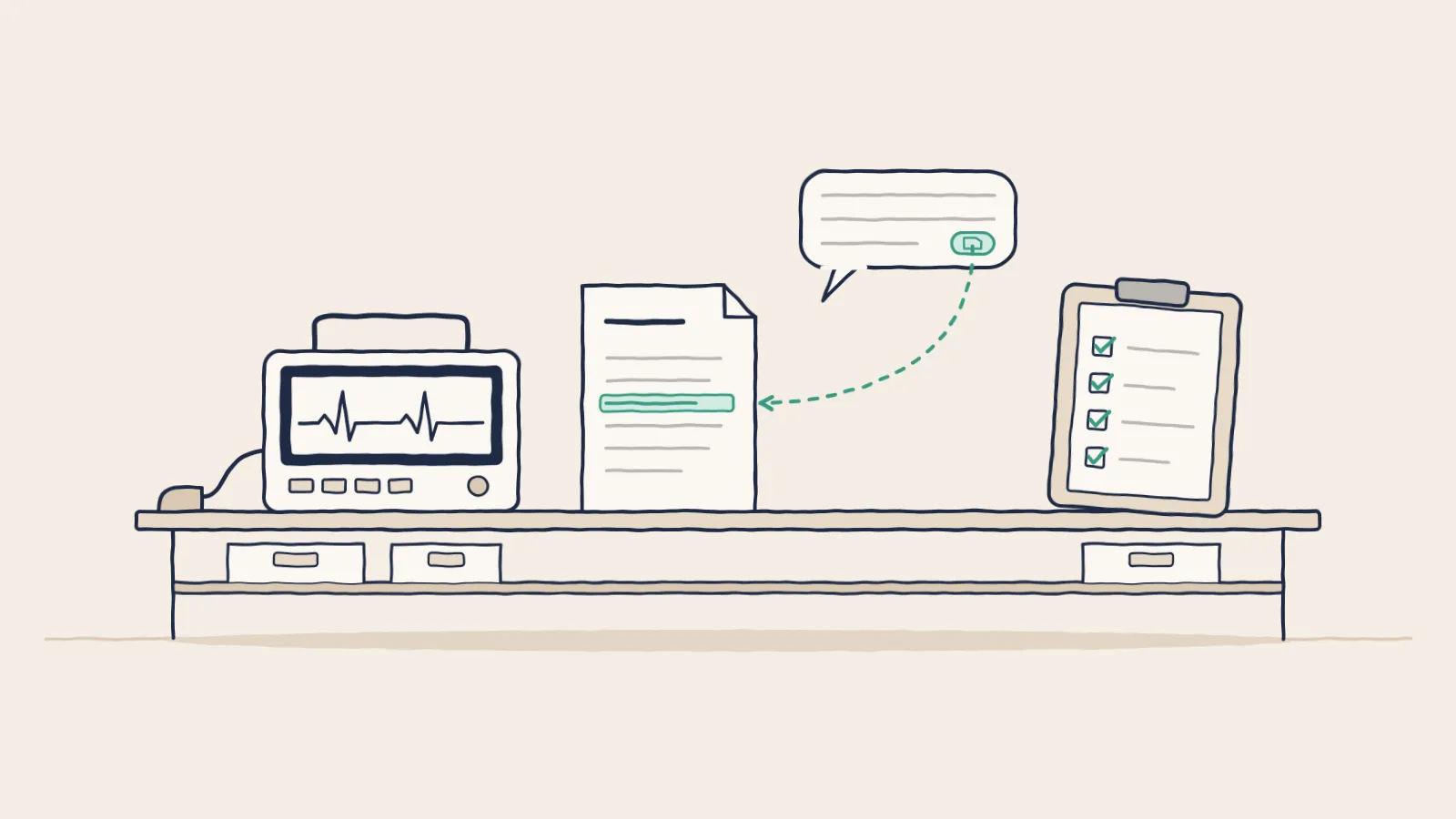 Line drawing of a workbench with a medical monitor, a procedure line cited by an AI answer, and a ticked checklist