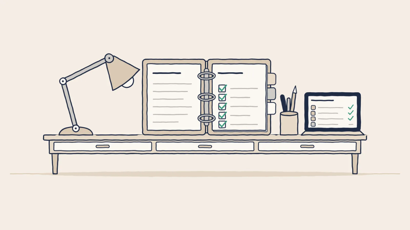 Line drawing of an open policy binder with a ticked checklist under a desk lamp, beside a laptop of approved tools