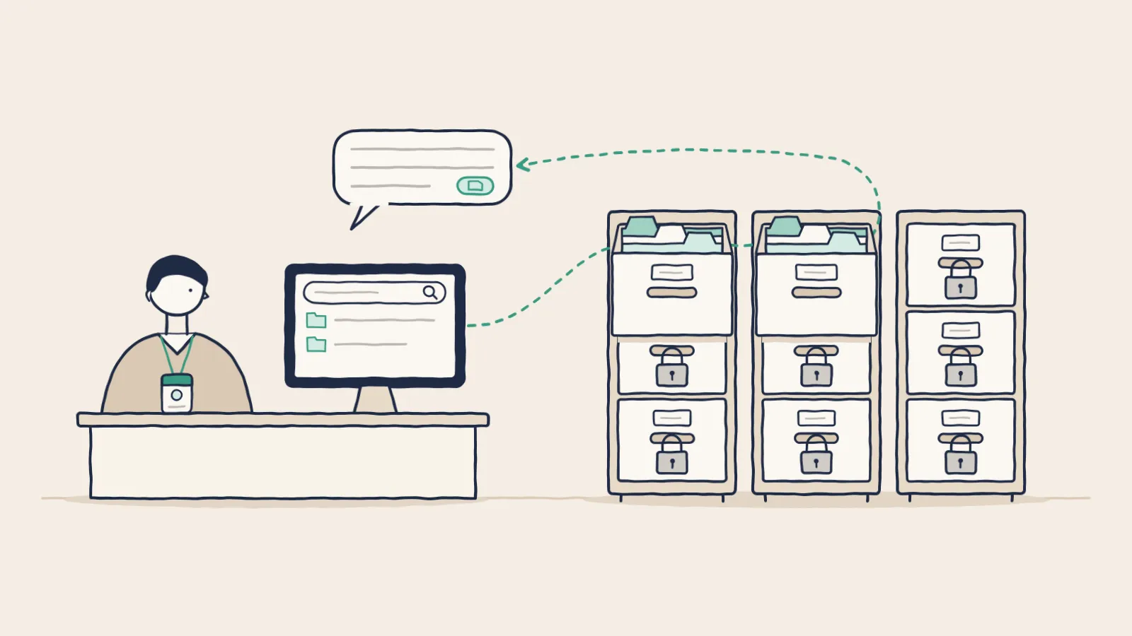 Line drawing of an employee at a computer whose search reaches only the two open file drawers; the rest stay locked