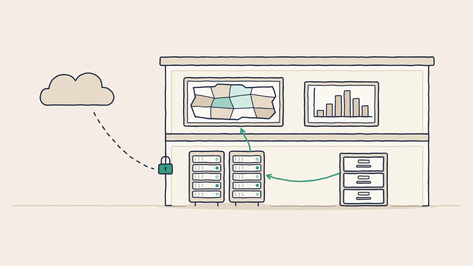 Line drawing of a health department with a county map, case chart, files and servers inside; the cloud stops at a lock