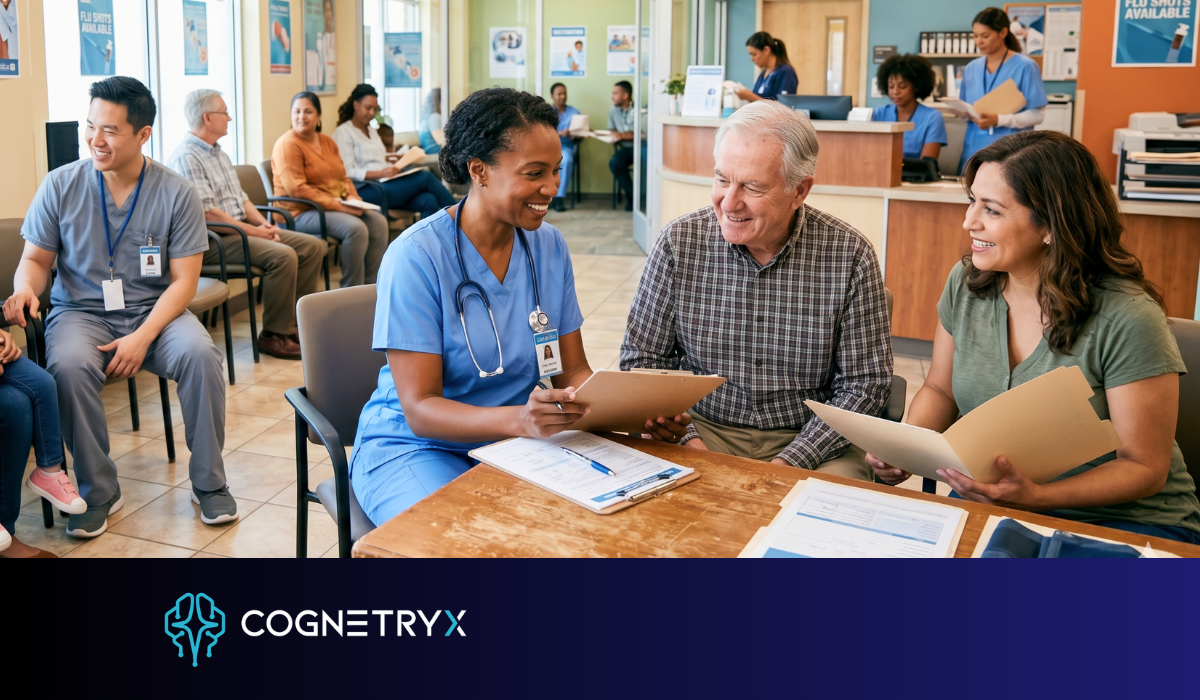 Patients and staff at a community health clinic, where private, on-premises AI keeps public health data inside the agency's own network