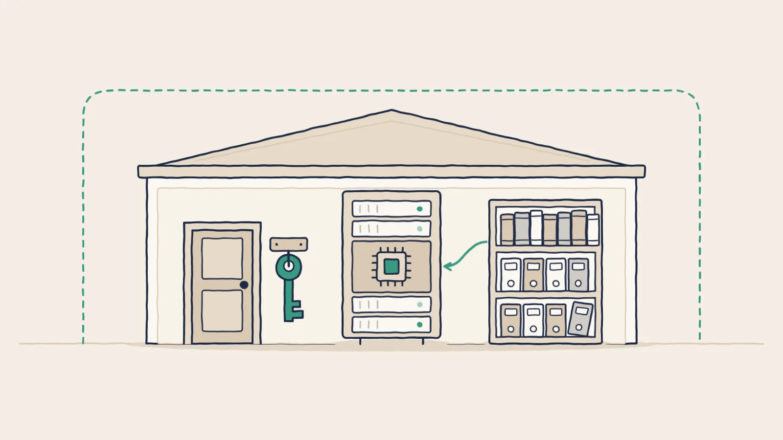 Line drawing of a law firm's building in a dashed boundary, with a key by the door, an AI server and client files