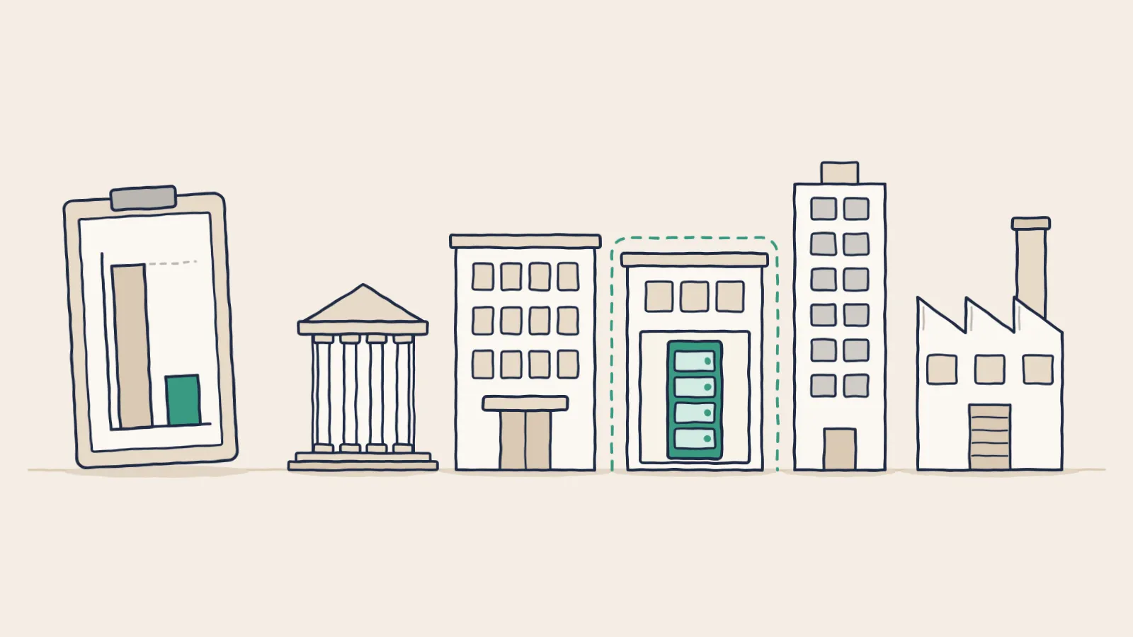Line drawing of a survey clipboard with a tall bar and a short bar beside five buildings, only one with its own server