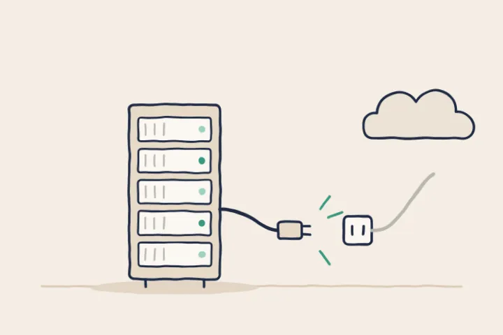 A server with its network cable unplugged, far from the cloud