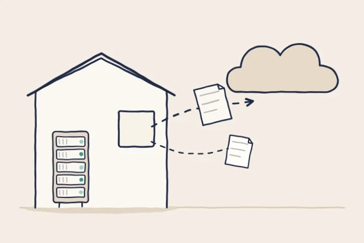Files leaving a building through a window toward a cloud