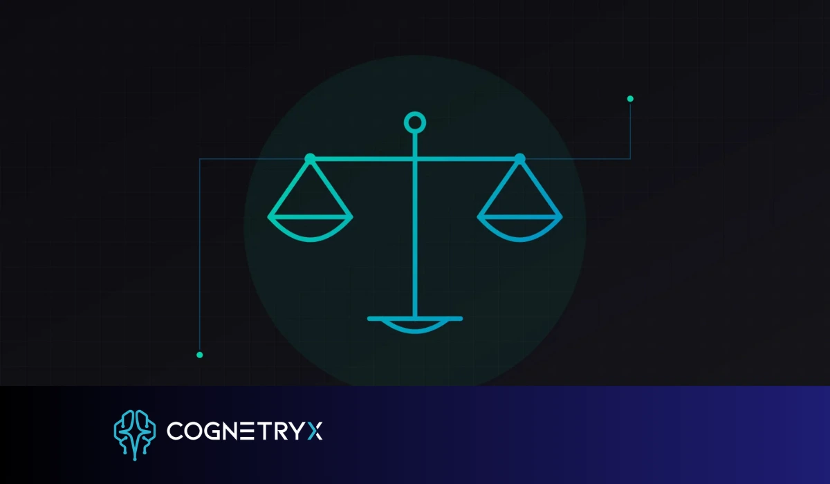 Scales of justice rendered with AI circuit connections, on a dark background