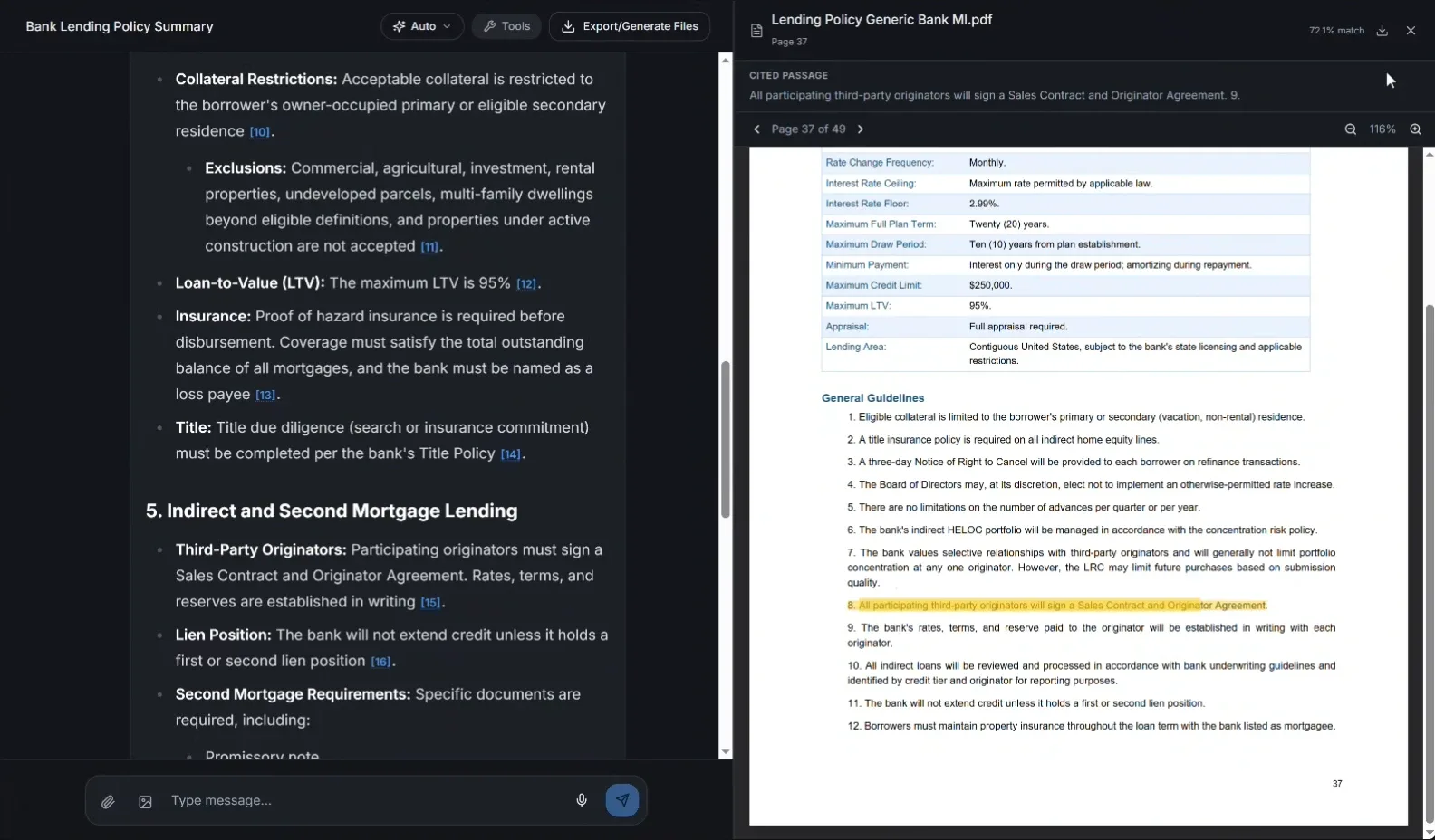 Lumen summarizing a bank lending policy with numbered citations, the source PDF open beside the answer with the cited line highlighted