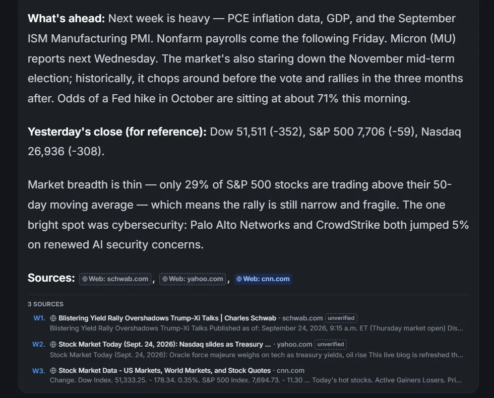 A market brief in Lumen with three web sources listed under the answer