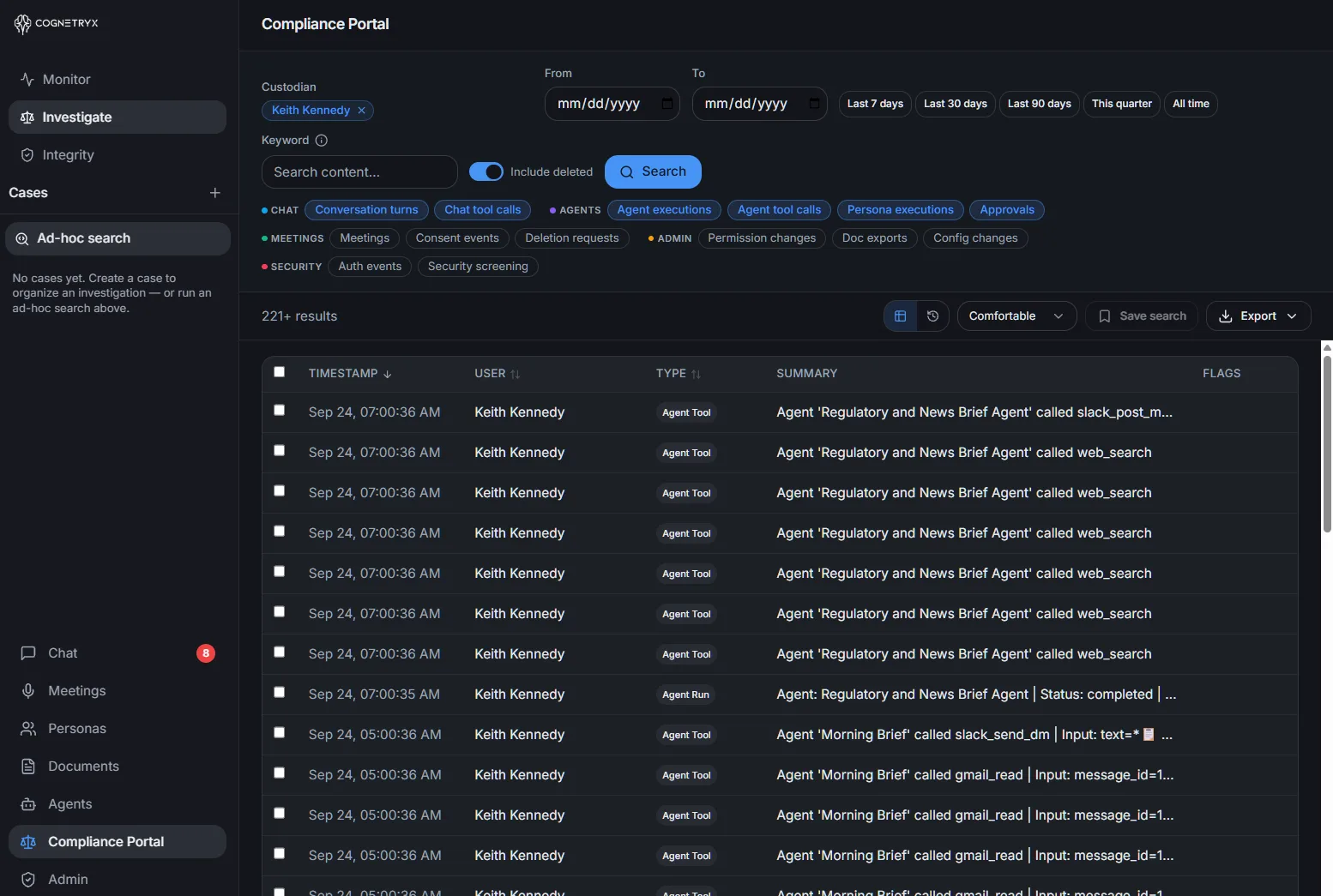 The Lumen Compliance Portal listing timestamped agent runs and tool calls for one person, with filters for chat, agents, meetings, admin, and security events