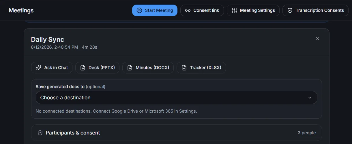 A finished meeting in Lumen with buttons for Ask in Chat, Deck (PPTX), Minutes (DOCX), and Tracker (XLSX), and a participants and consent panel