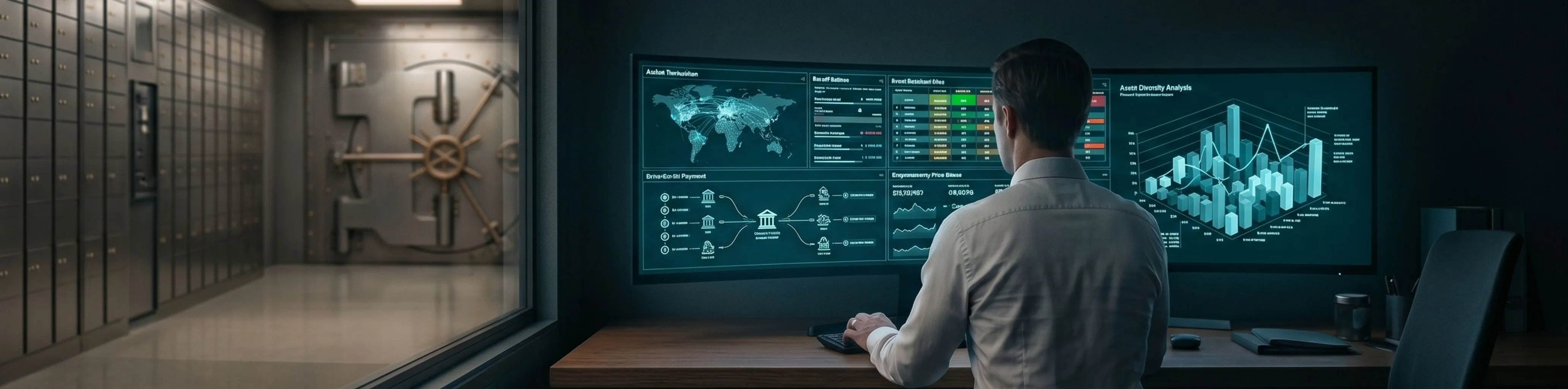 A finance team reviewing fraud-detection and cross-border payment dashboards on a private system
