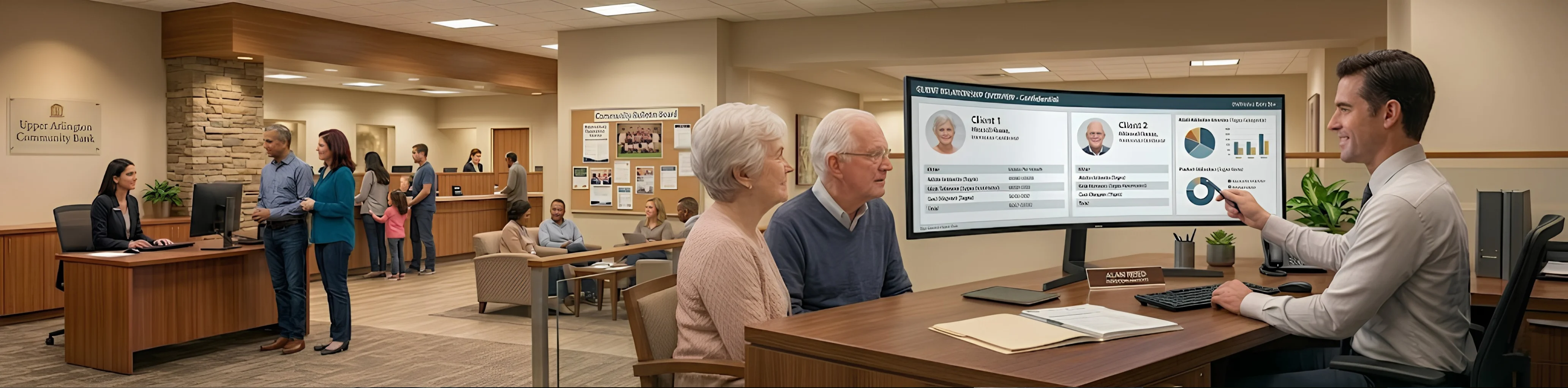 Members being helped in the interior of a bank or credit union lobby
