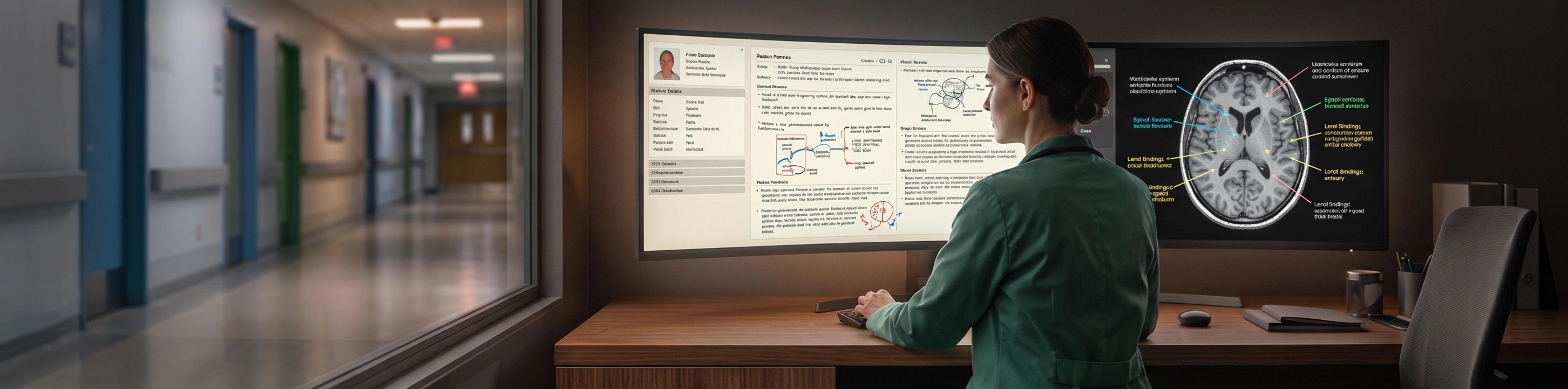 A clinician reviewing patient records and brain imaging on a private system