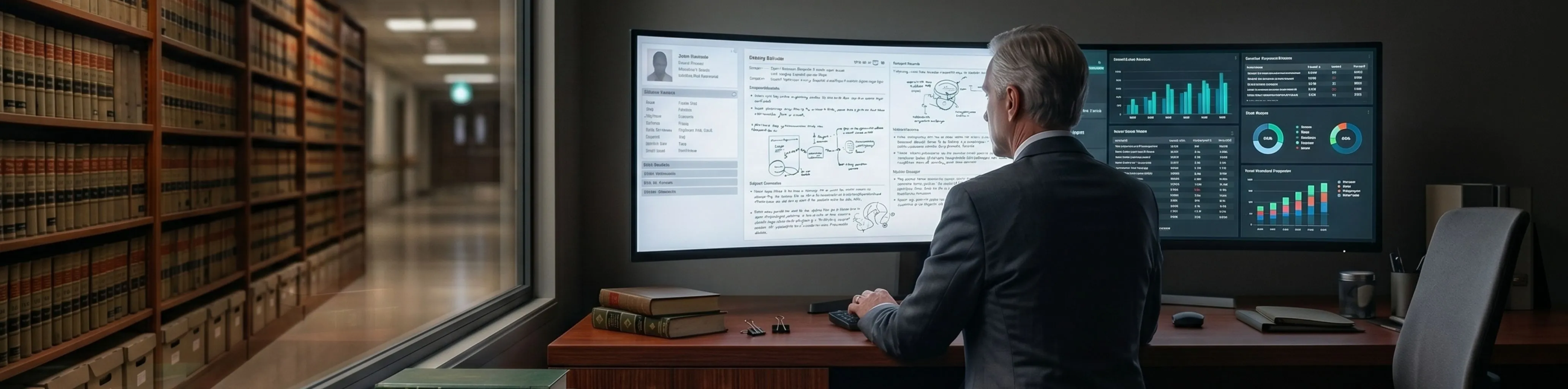 A lawyer reviewing case files and precedent connections on a private system